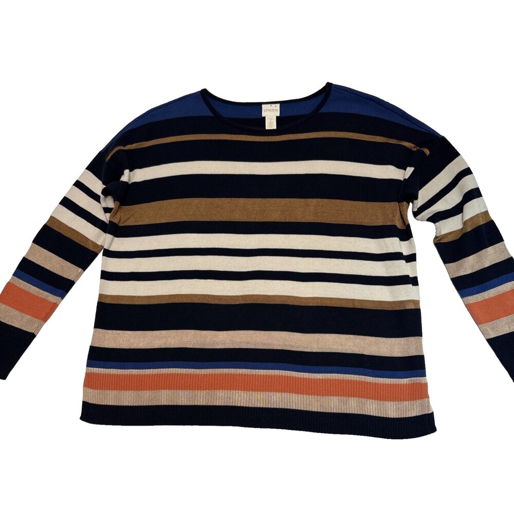 Chicos Sweater Striped Multi Color Pullover Round Neck Knit Preppy Chico 2 Large